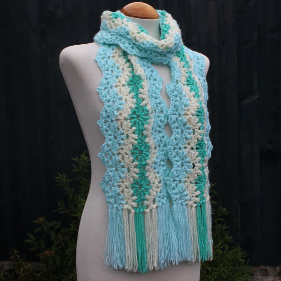 Crochet Stripey Scarf in Aspen, Cream and Aqua
