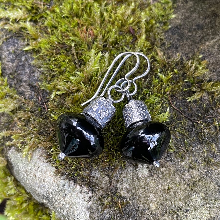 Black onyx and oxidised silver earrings