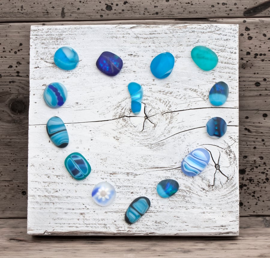 Sea Glass Effect Heart Picture on Reclaimed Wood - Blue & Turquoise