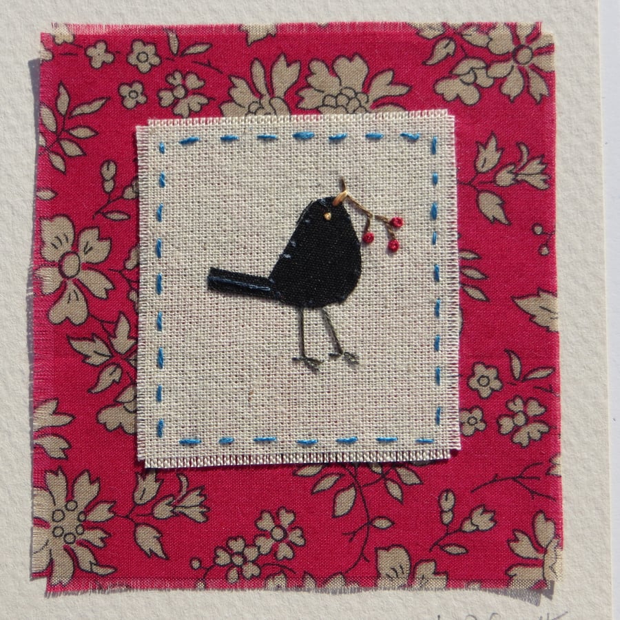 Blackbird with Winter Berries hand-stitched miniature for any winter occasion