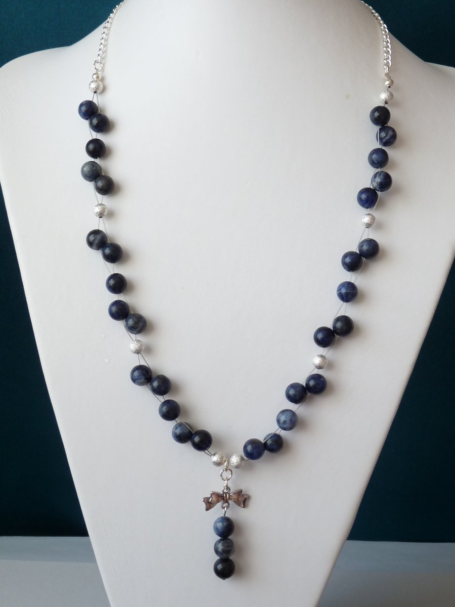 Sodalite Bow Drop Pendant Necklace - Genuine Gemstone 