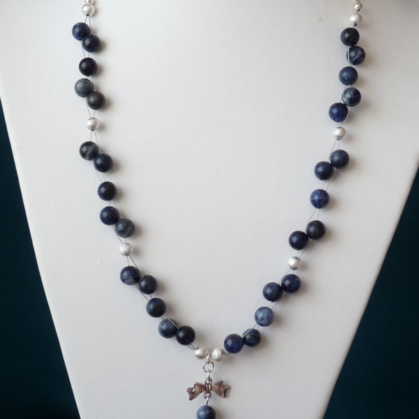 Sodalite Bow Drop Pendant Necklace - Genuine Gemstone 
