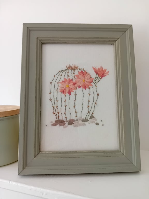 Hand Embroidered Framed Picture of Flowering Cactus
