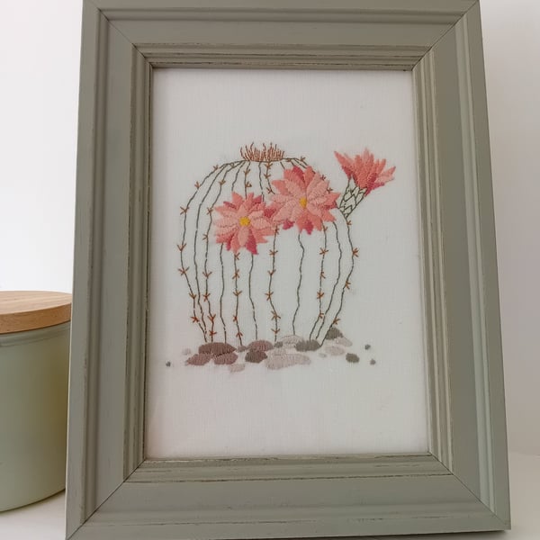 Hand Embroidered Framed Picture of Flowering Cactus