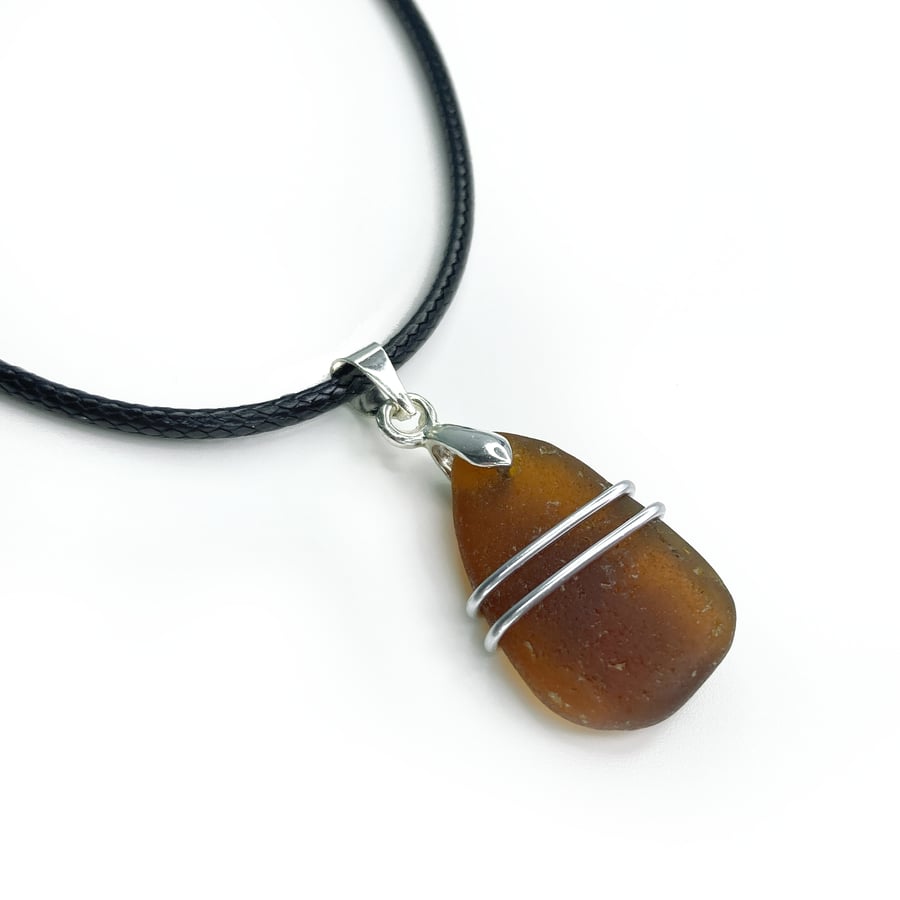 Amber Sea Glass Pendant - Men's or Unisex Handmade Beach Necklace Jewellery