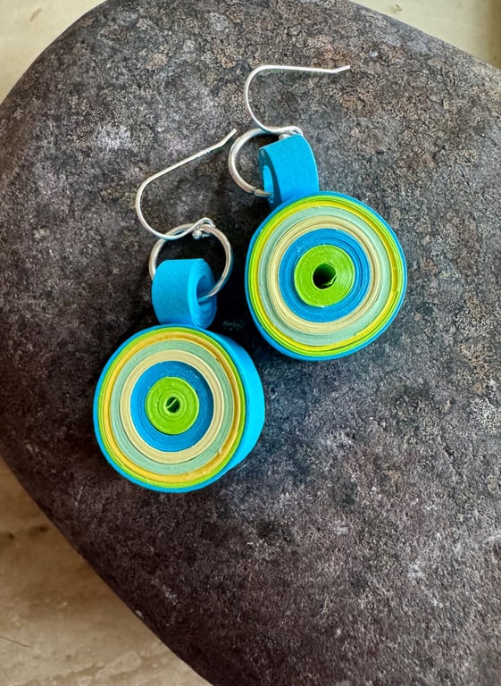 Handmade paper green blue dangle earrings 