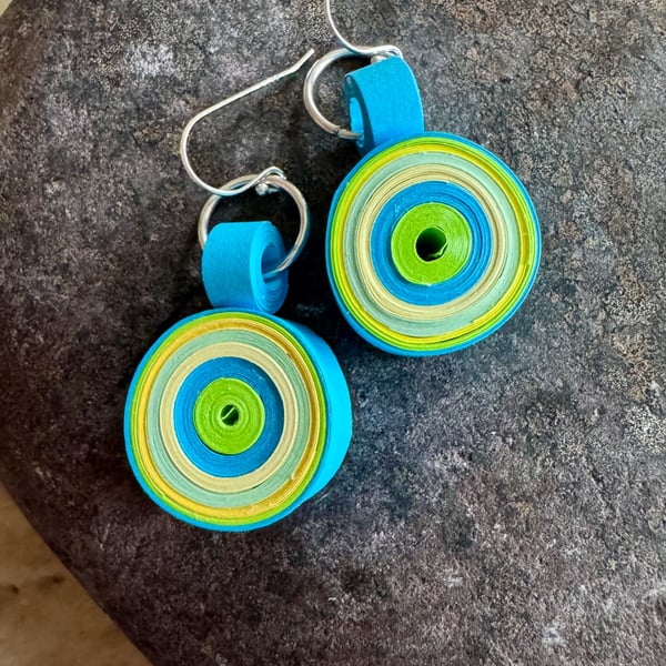 Handmade paper green blue dangle earrings 