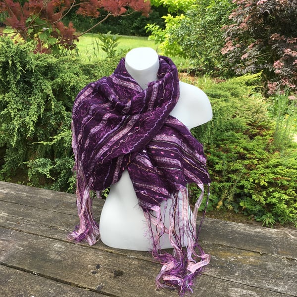 Nuno felted scarf, merino wool on silk with fancy yarn embellishment, purple