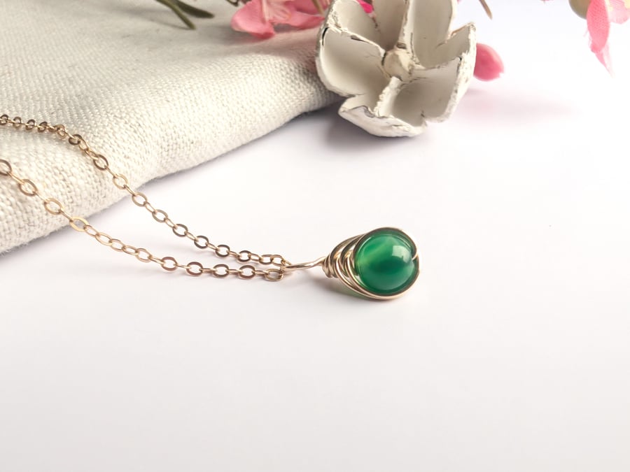 GREEN ONYX Necklace Minimalist 14K Gold Filled Pendant July Birthstone