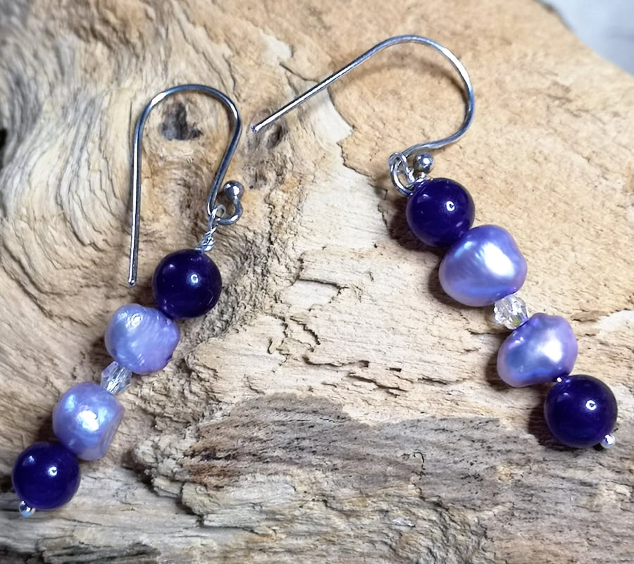 Lilac Cultured pearl and amethyst dangle earrings with cyrstal