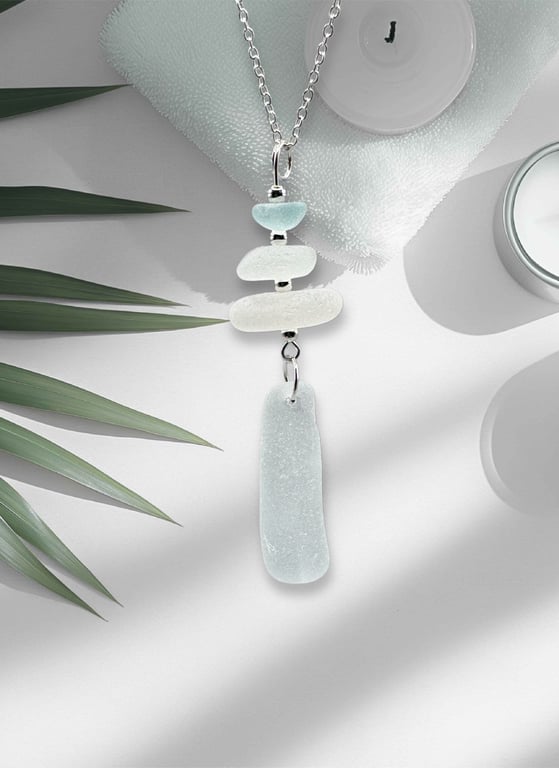 Sea glass stack design necklace. 4 pieces of smooth seaglass.