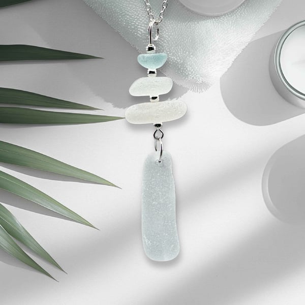 Sea glass stack design necklace. 4 pieces of smooth seaglass.