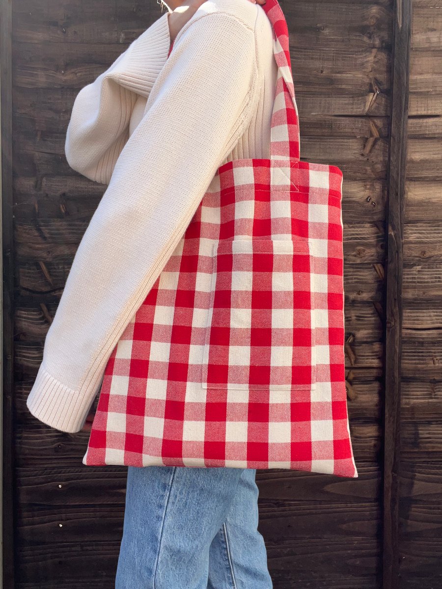 Red Gingham Cotton Tote Bag