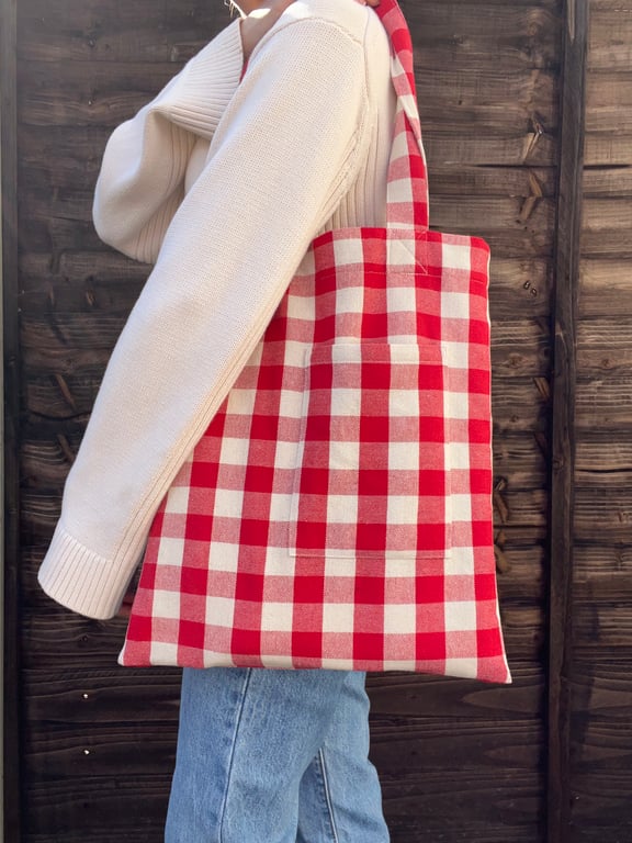 Red Gingham Cotton Tote Bag