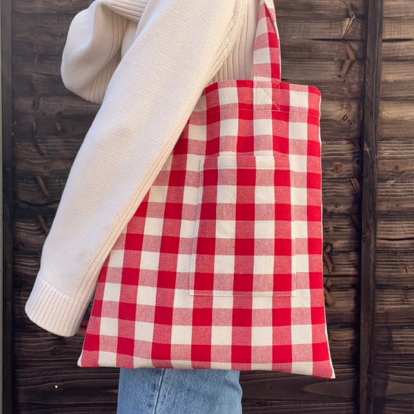 Red Gingham Cotton Tote Bag