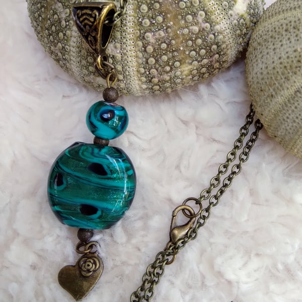Peacock coloured Foiled glass beaded bronze heart charm pendant necklace