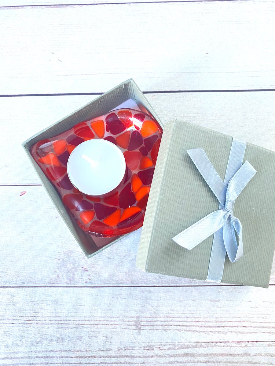 Fused glass heart shaped candle holder - dish valentines gift