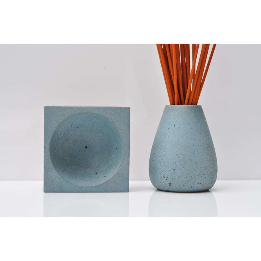 Concrete Incense Burner Set: Handmade Brutalist Cement Joss Stick Holder and Bur