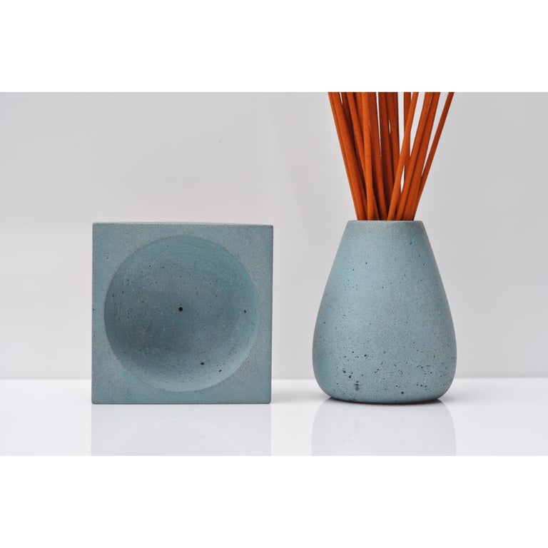 Concrete Incense Burner Set: Handmade Brutalist Cement Joss Stick Holder and Bur