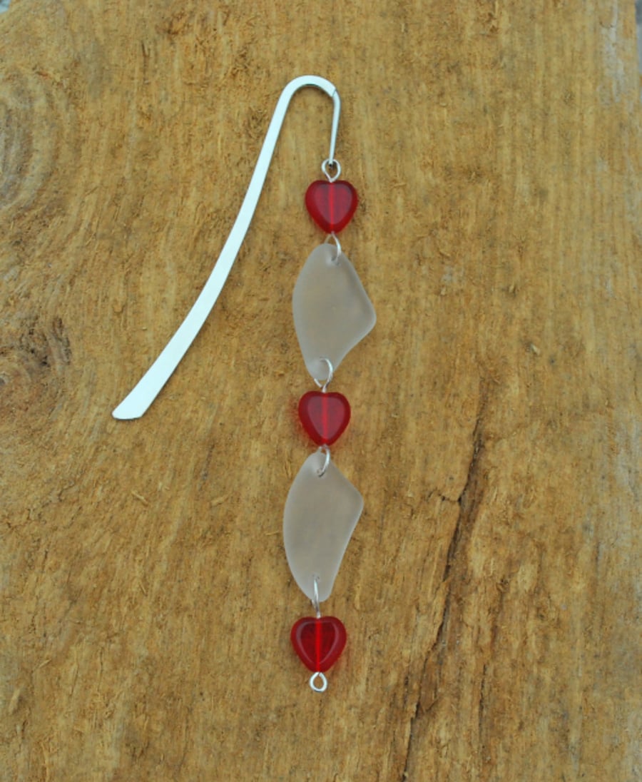 White beach glass bookmark with red hearts