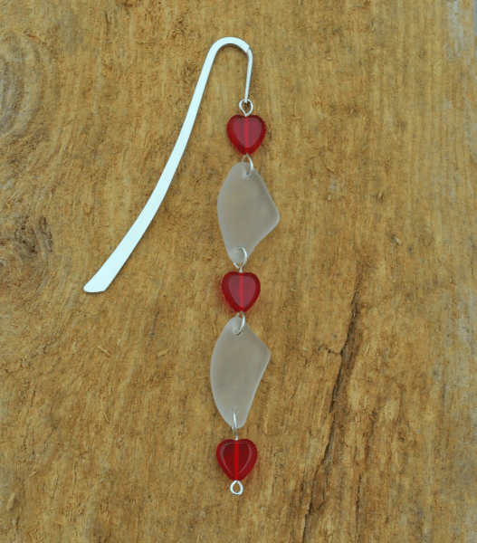 White beach glass bookmark with red hearts