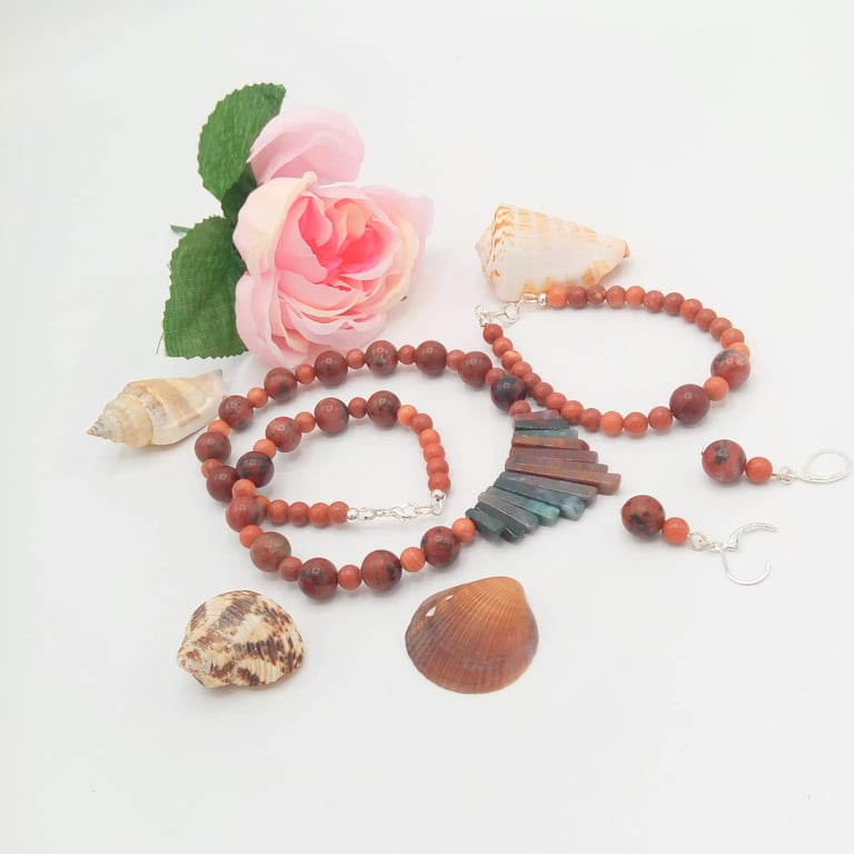 Jasper Necklace with Graduated Fan Centre Bracelet and Earrings, Gift for Her
