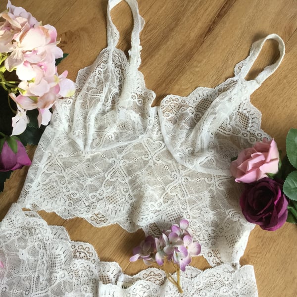 Pretty white  lace bralette and short set