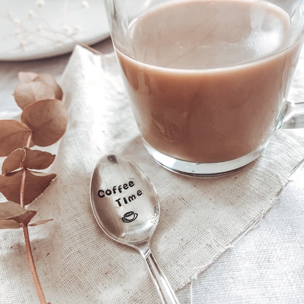 Hand Stamped Coffee Time Vintage Teaspoon Recycled Upcycled Repurposed Flatware 
