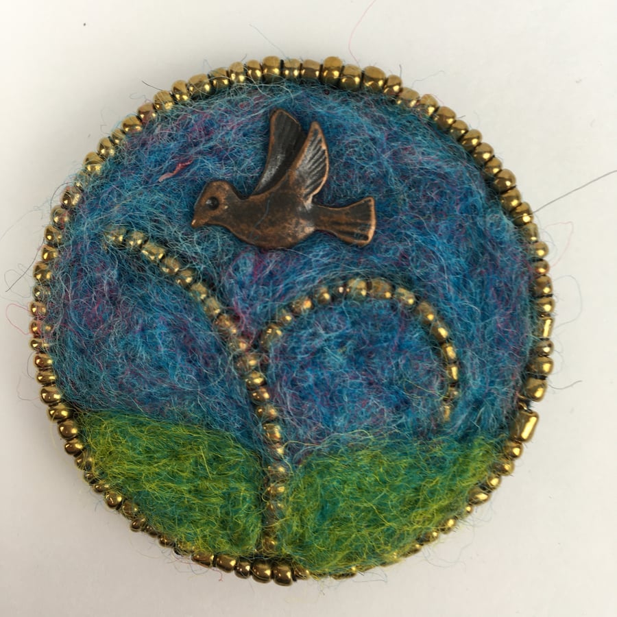 Needle felted, beaded bird brooch