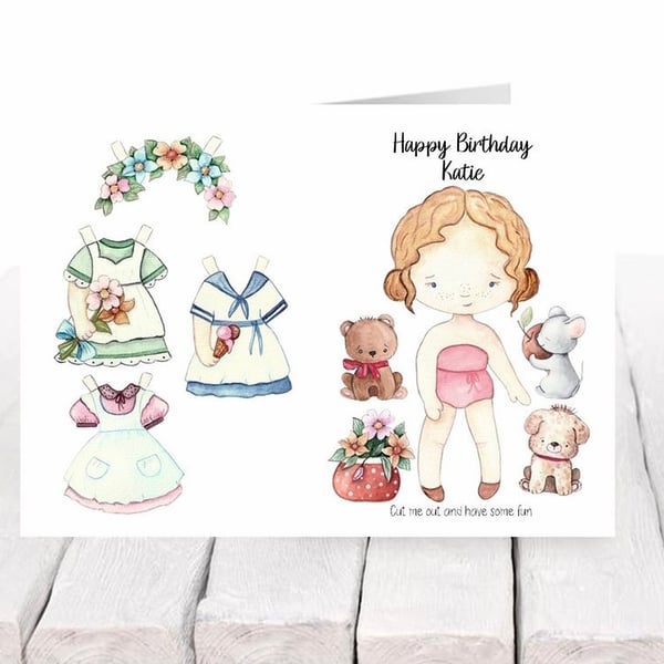 Paper Doll cut and play Personalised Children’s Birthday Card