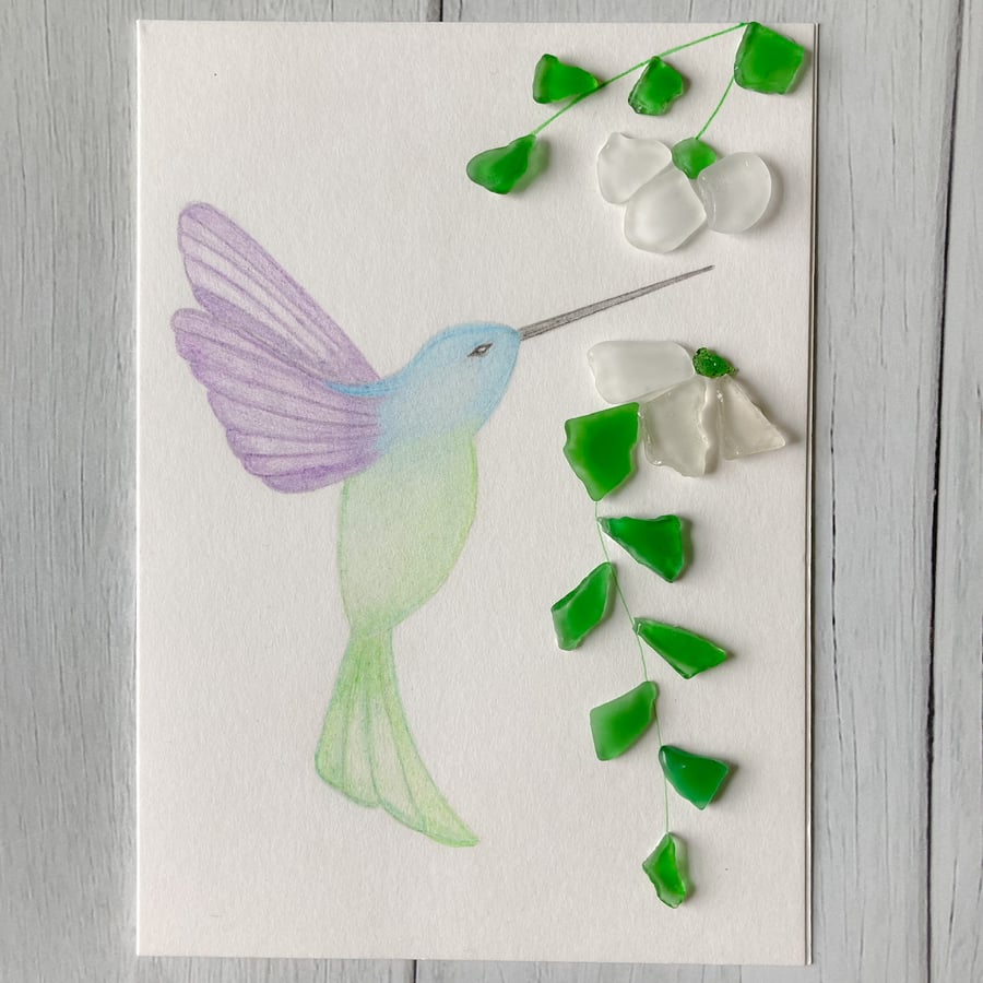 Watercolour hummingbird greeting card with Cornish sea glass 