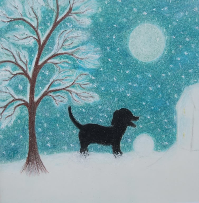 Dog Christmas Card, Snow Moon Tree Art Card,  Labrador Silhouette, Winter Card