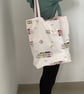 tote bag, handmade in cotton floral fabric, fully lined, small pouch to fold awa