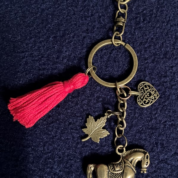 Lucky Horse Keyring and bag charm Antique brass tone metal