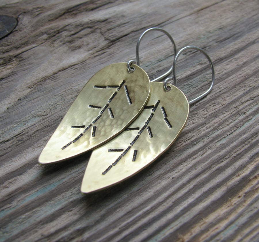 Textured Brass leaf drop earrings
