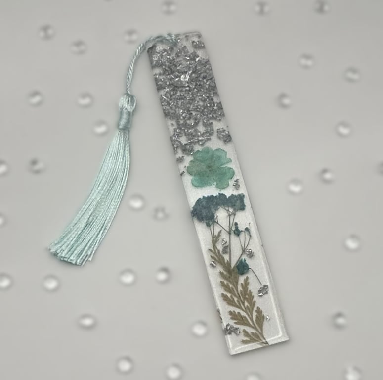 Perfectly Imperfect Resin Dried Flower Bookmark Page Marker Light Blue, Silver