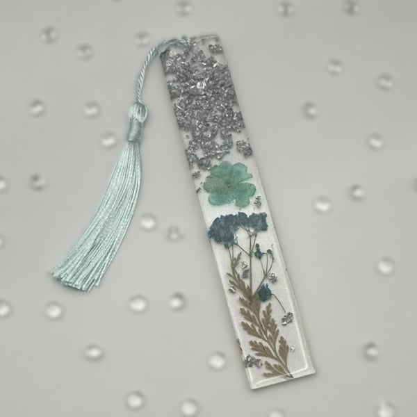 Perfectly Imperfect Resin Dried Flower Bookmark Page Marker Light Blue, Silver