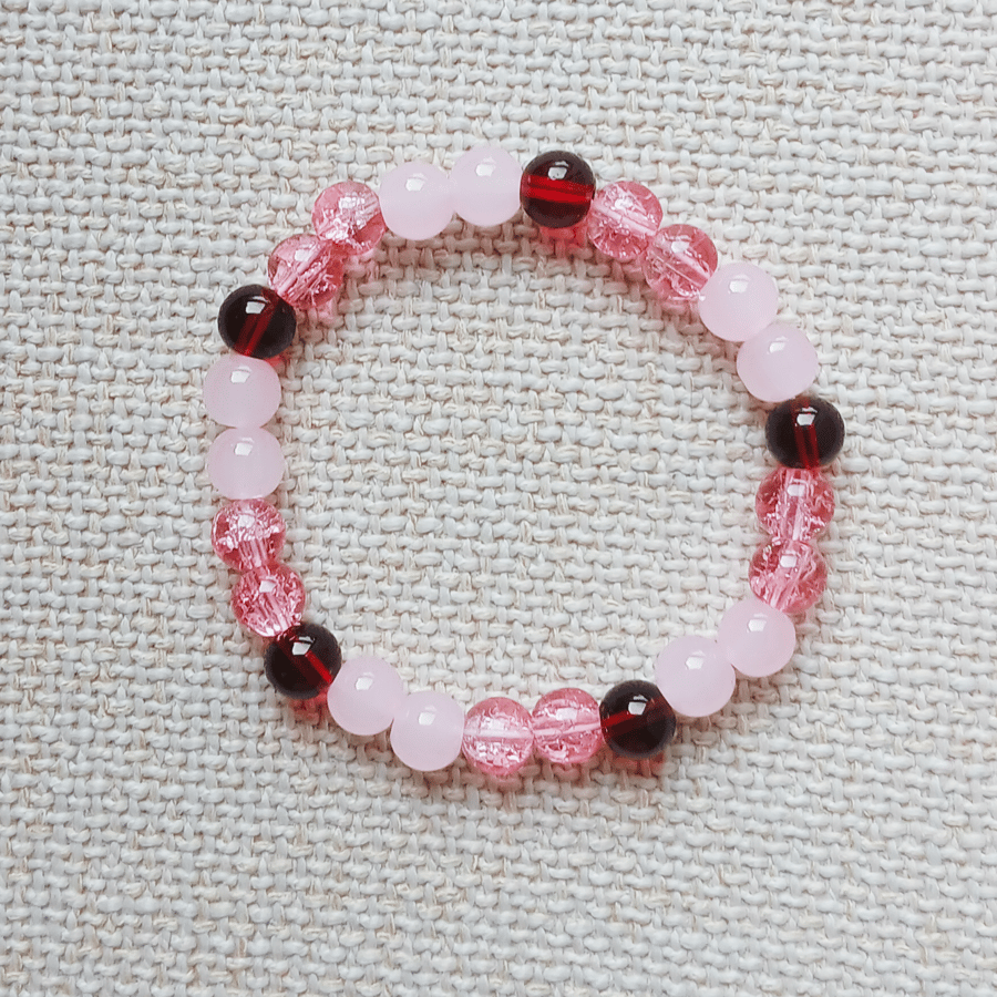 Ladies Rose Quartz and Red Jasper Elastic Bead Bracelet