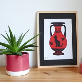 Ruby Cat Amphora – A5 Original Handmade Reduction Lino Print