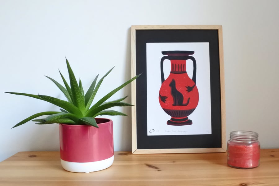 Ruby Cat Amphora – A5 Original Handmade Reduction Lino Print