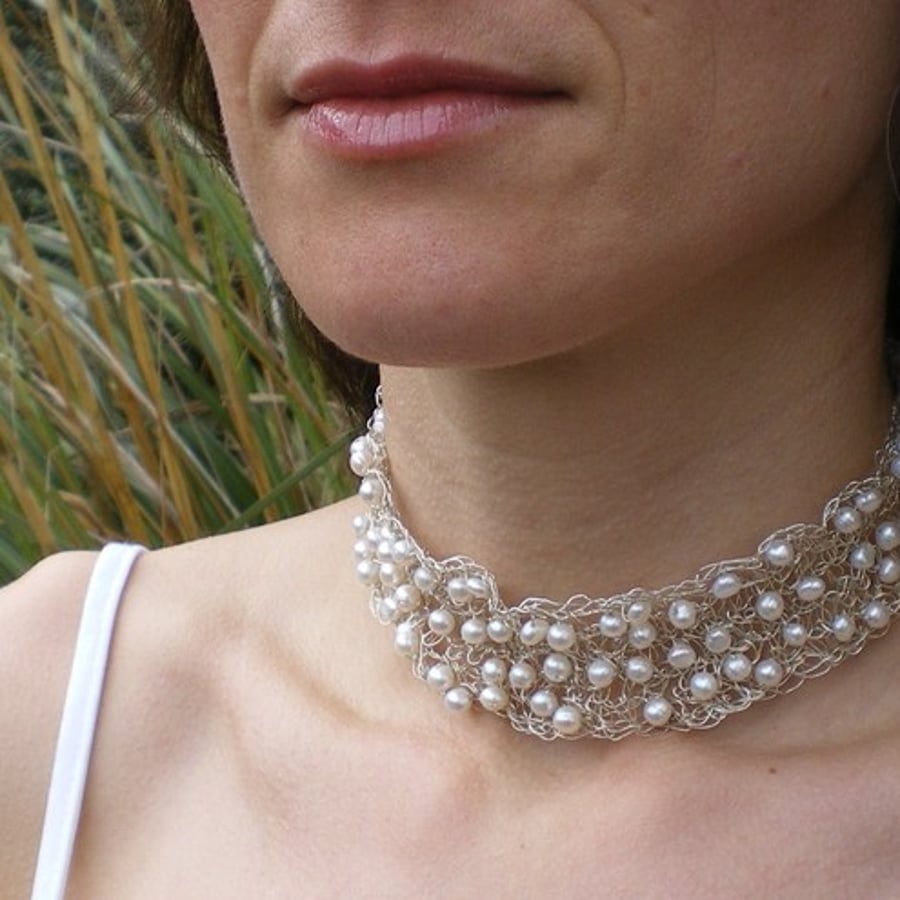 Simply White Pearl Silver Crochet Bridal Choker  - Wedding Jewellery