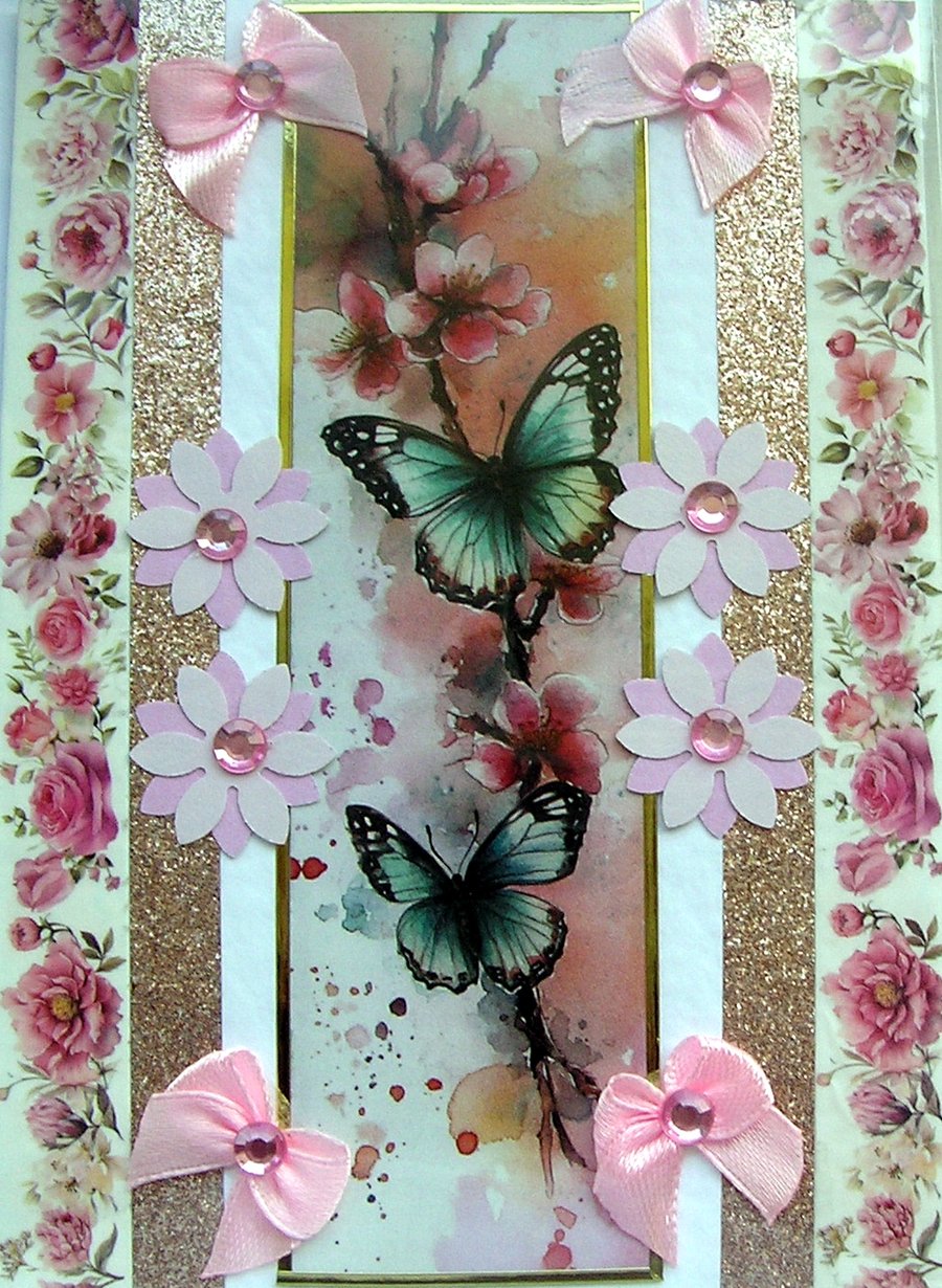 Butterfly on Cherry Blossom - Hand Crafted Decoupage Greeting Card - Blank 3793