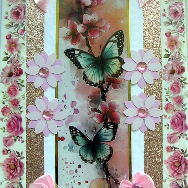 Butterfly on Cherry Blossom - Hand Crafted Decoupage Greeting Card - Blank 3793
