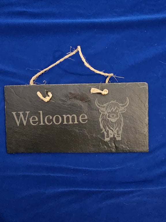 Slate welcome sign Highland cow design 