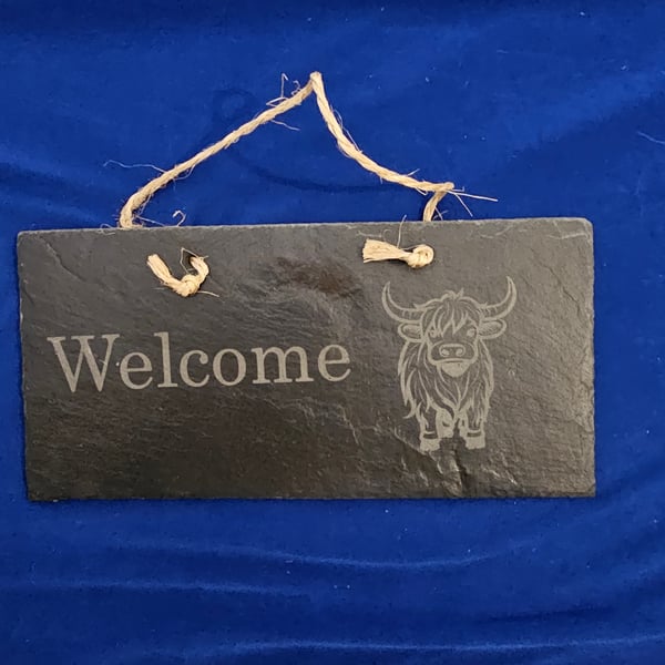 Slate welcome sign Highland cow design 