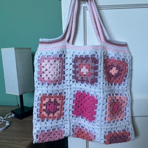 Recycled Pink and White Crocheted Tote Shopper Beach Bag