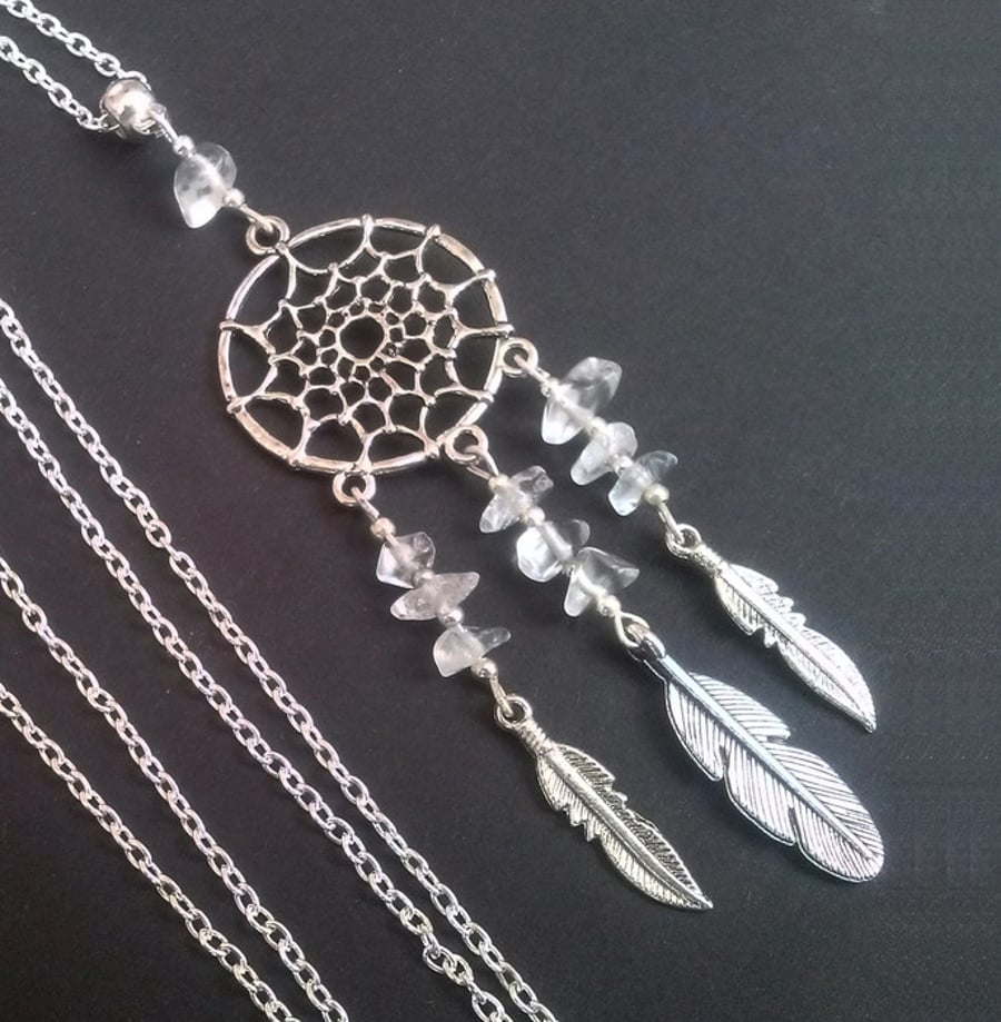 Silver Plate Clear Quartz Dreamcatcher Dream Catcher Necklace New Age