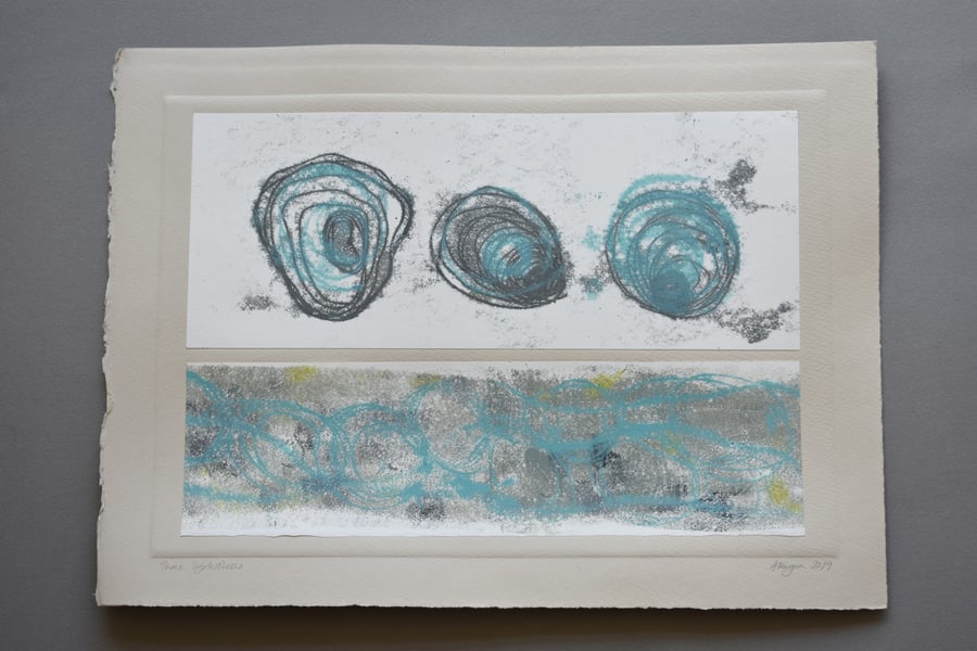 ORIGINAL monoprint and collage - Three Oystershells