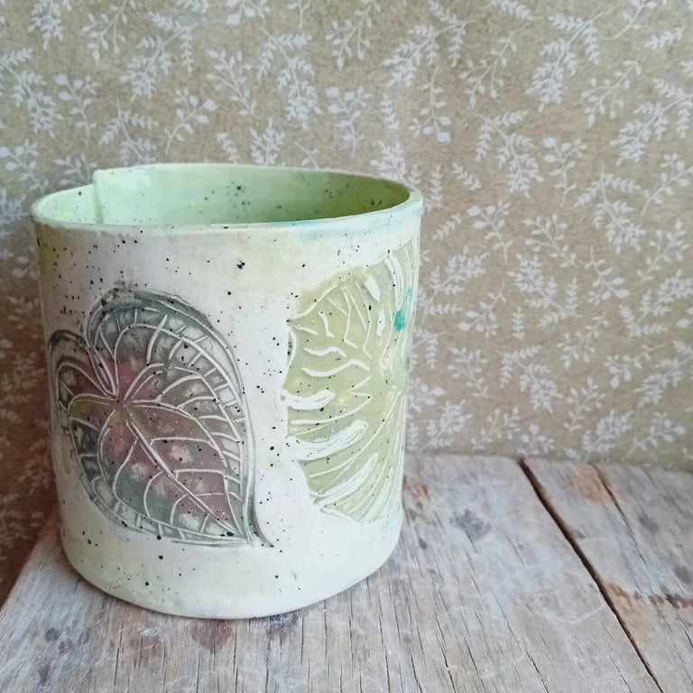 houseplant leaves handmade plant pot ceramic pottery stoneware, pale green