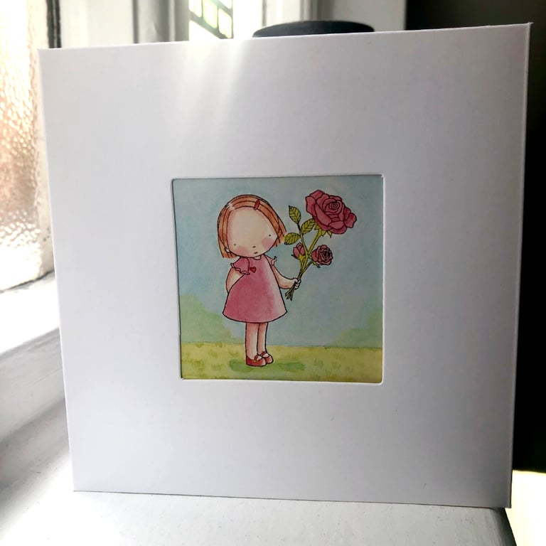 Mother's Day Card, Birthday Card, Girl with Rose Flower
